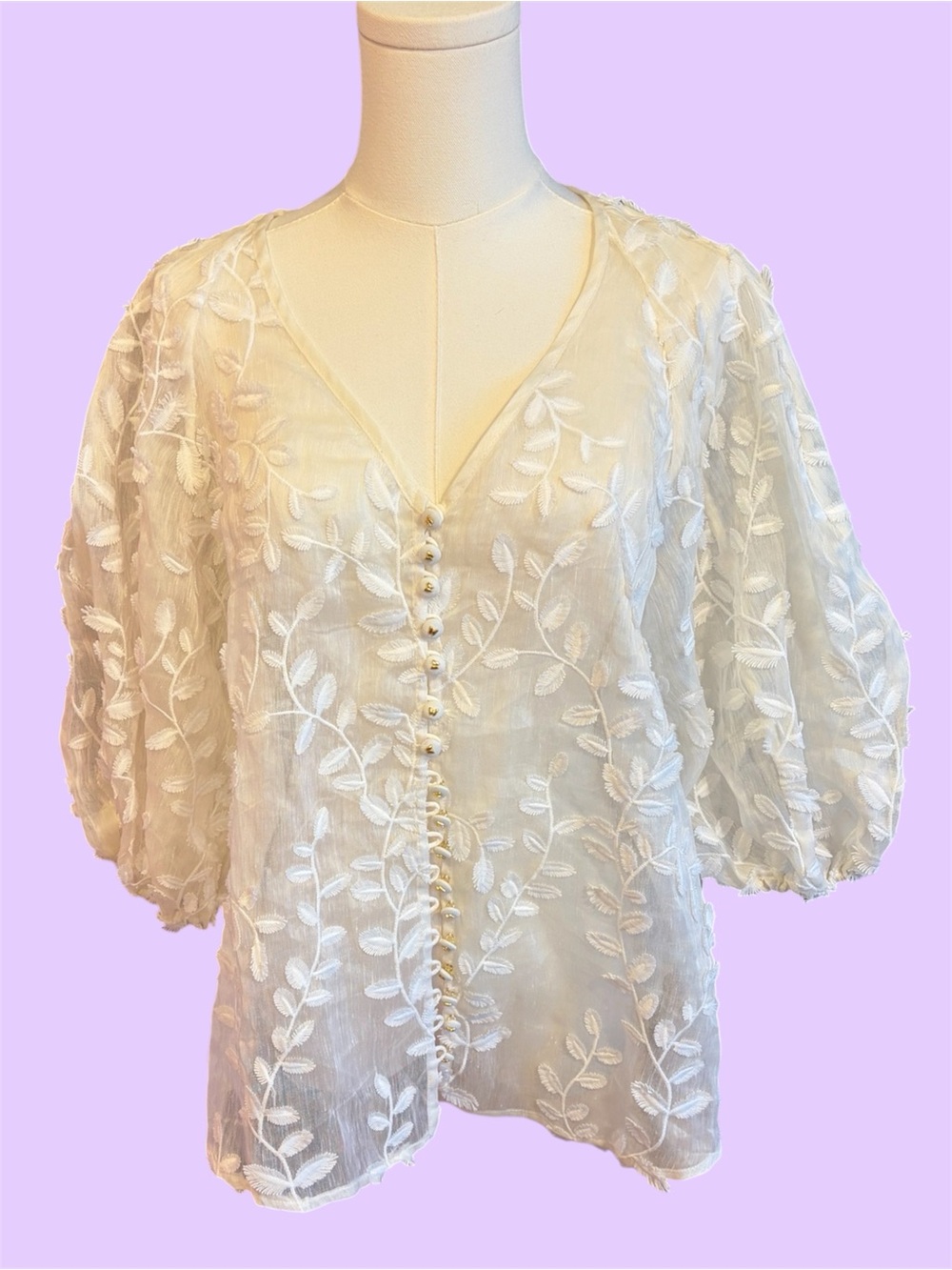 Zimmermann Ivory Leaf-Embroidered Puff Sleeve Blouse